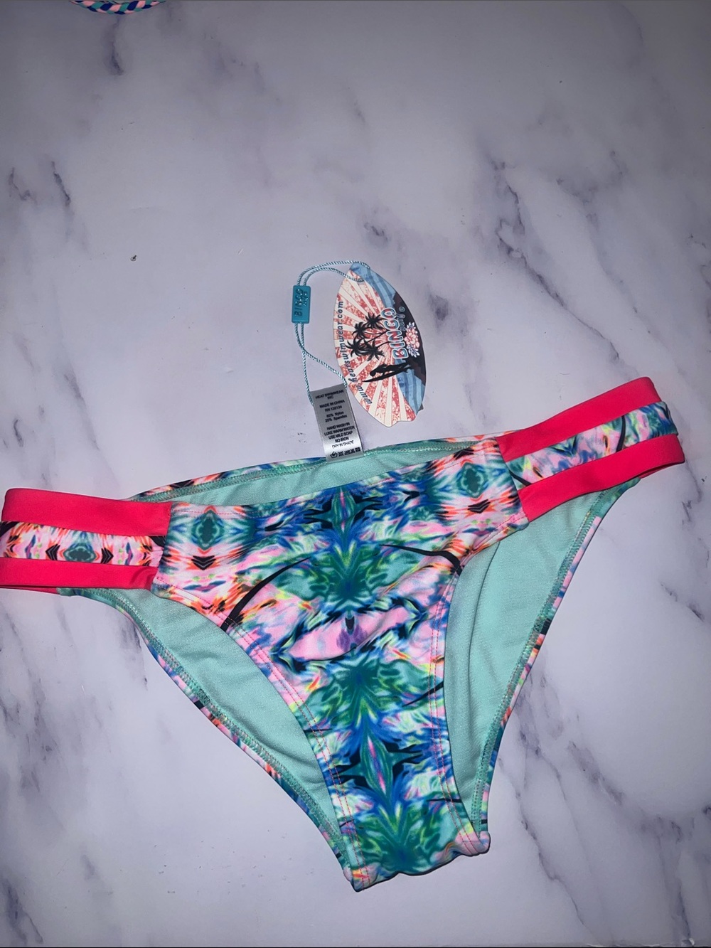 Bingo Floral Tie-Dye Bikini Bottom with Pink Straps -